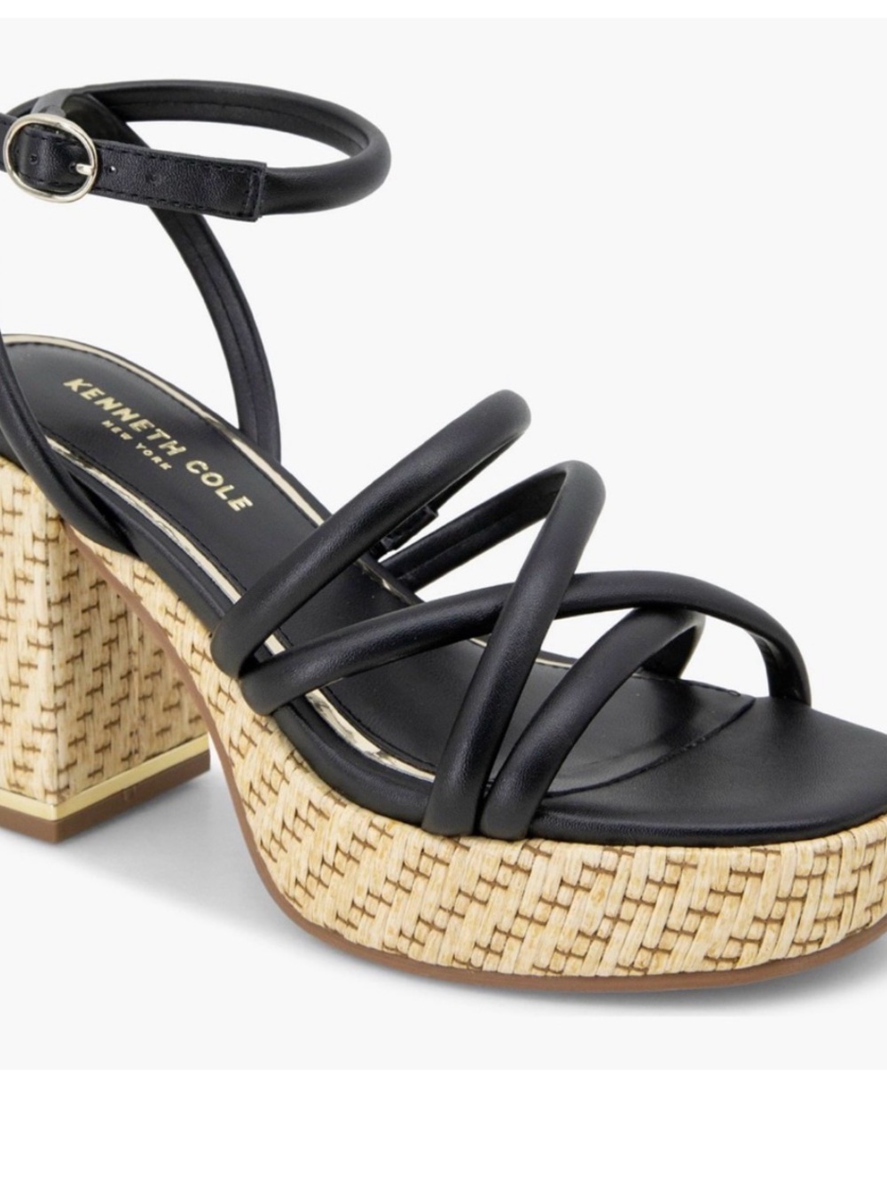 Kenneth Cole Black Strappy Platform Sandal with Woven Heel Size 7.5